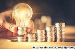 Neues Spiel zum Thema Marktdesign der Energiewirtschaft auf "Energie macht Schule" Gestapelte Münzen und Glühbirne