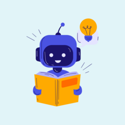 Roboter mit einem Buch in der Hand und Glühbirne über ihm