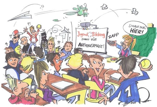 Cartoon: Didacta von Michael Hüter Lehrerin sorgt mit Unterrichtsmaterial von Jugend und Bildung für Aufmerksamkeit