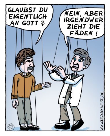 Cartoon Marionetten Marionetten überlegen, der ihre Fäden zusammenhält