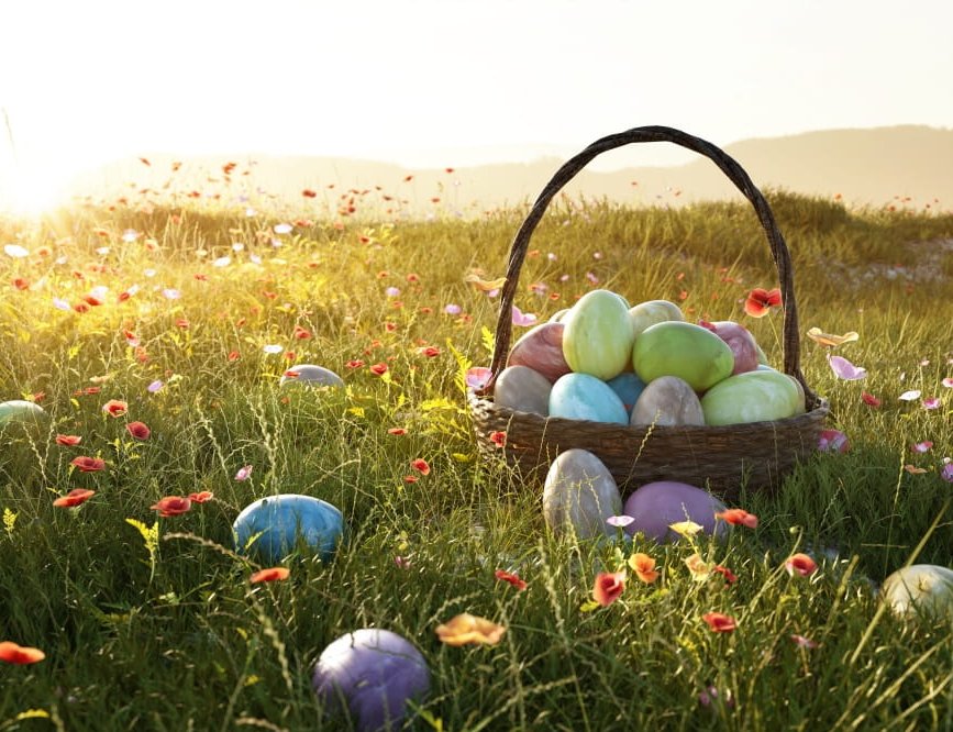 Ostereier in einem Korb auf einer grünen Wiese 