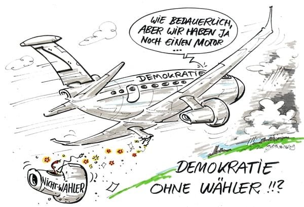 Cartoon: Demokratie ohne Wähler? Flugzeug versucht nur mit einem Triebwerk weiterzufliegen