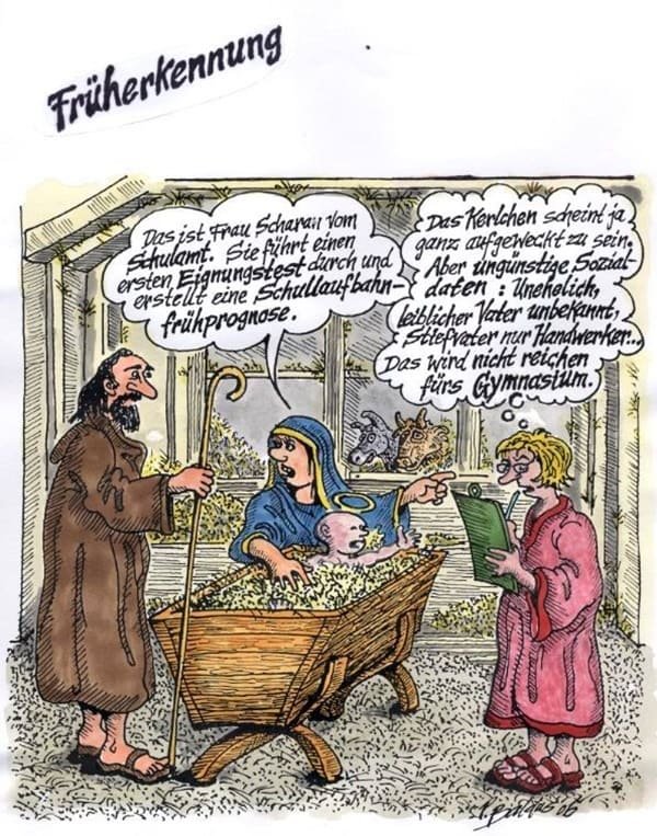 Cartoon Weihnachten Krippe Maria, Josef, Jesus und eine Dame der Früherkennung