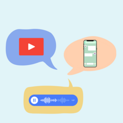Ein Smartphone und zwei Sprechblasen mit dem Youtube-Zeichen und einer Audio