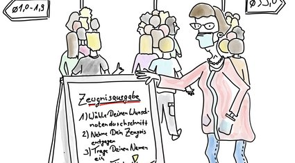 Eine Lehrerin mit Maske steht vor einem Schild, welches die Schüler zur richtigen Schlange der Zeugnisausgabe lotst.