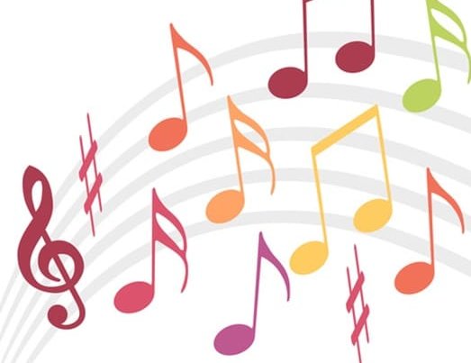 Noten, Violinschlüssel, bunte Notenzeilen