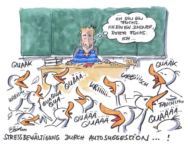 Cartoon: Stressbewältigung Enten in einem Klassenraum