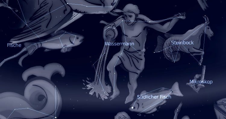 steibock_wassermann_pop.jpg Figürliche Darstellung der Sternbilder Wassermann, Ziegenfisch (Steinbock) und Fische (erstellt mit Stellarium)