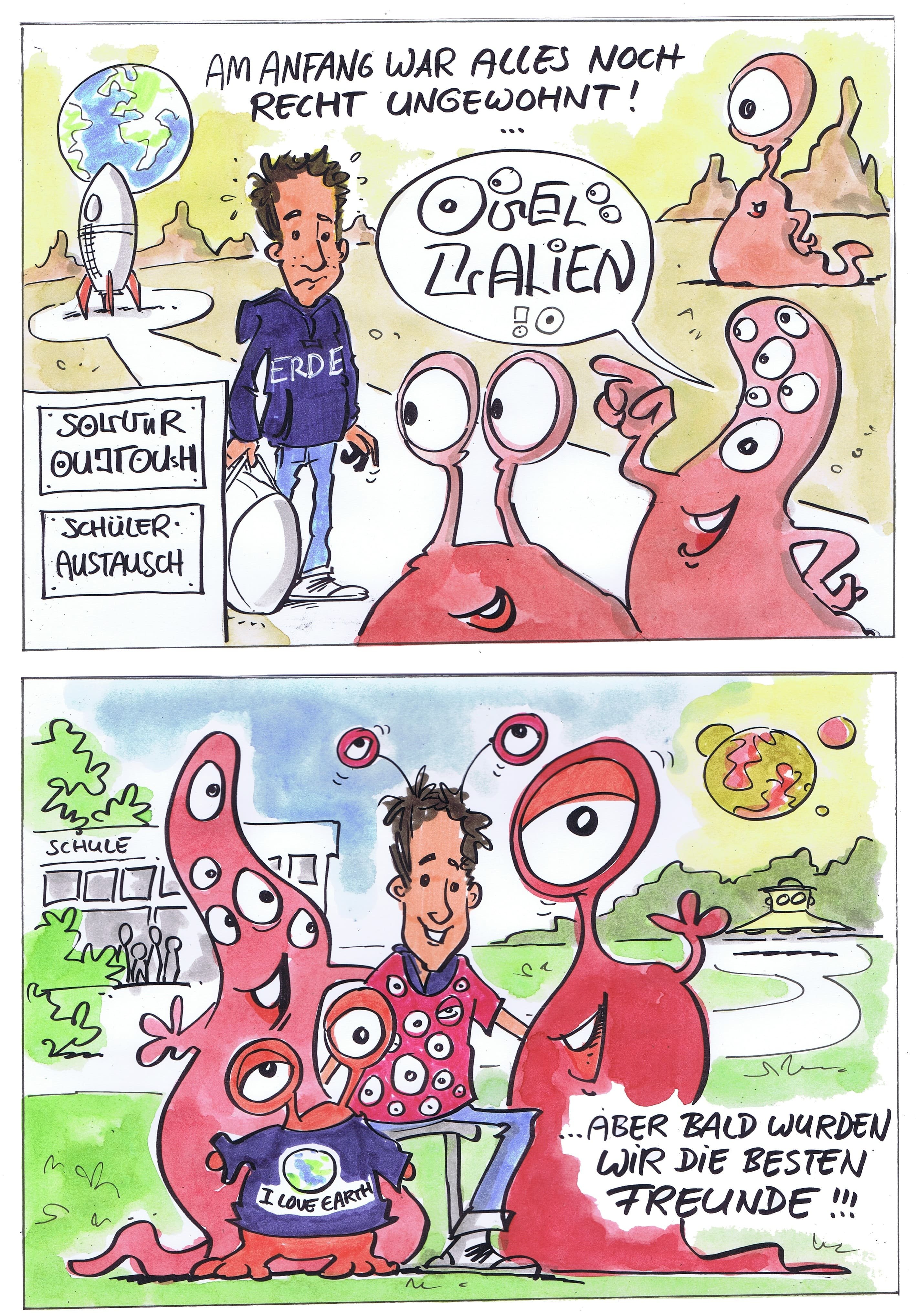 Cartoon: Schüleraustausch von Michael Hüter Schüler fühlt sich beim Schüleraustausch wie auf einem anderen Planeten