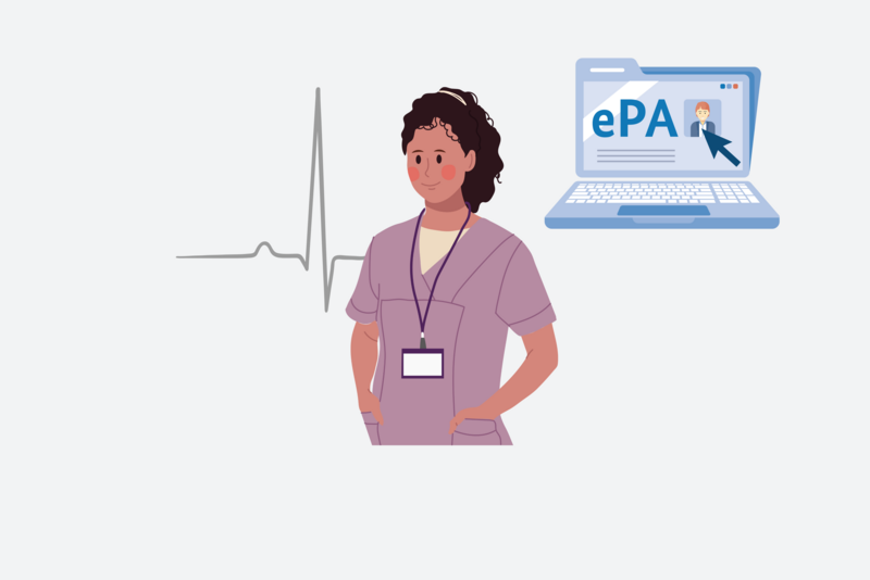 Medizinisches Personal neben einem Laptop auf der eine elektronische Patientenakte geöffnet ist. 