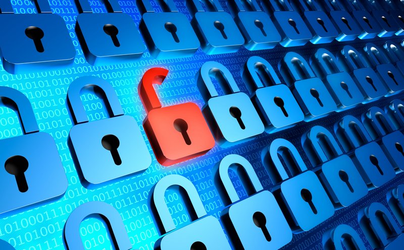 geschlossene Schlösser in Reihe; eines ist offen