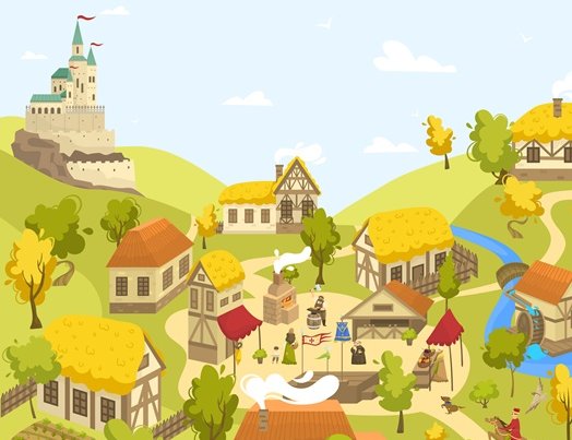 Grafik eines mittelalterlichen Dorfes mit Burg