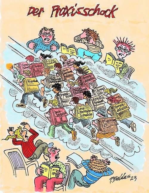 Cartoon der Woche: Praxisschock Schulkinder mit Schildern laufen durch Lehrkräfte