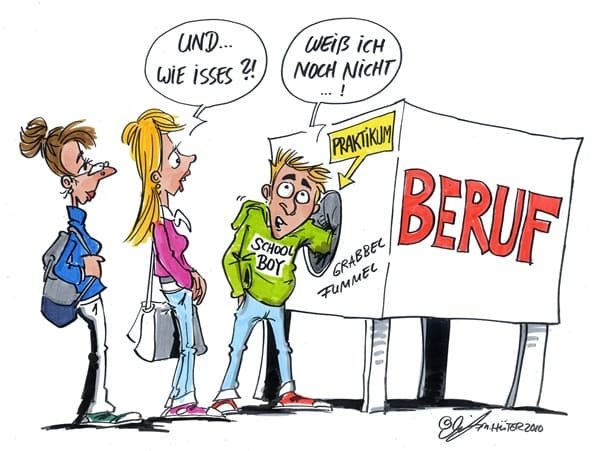 Cartoon: Grabbelkiste Schüler steckt Hand in einen Berufe-Karton.