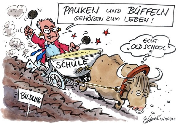 Cartoon: Pauken von Michael Hüter Lehrer treibt mit Pauken und Büffeln die Schule an.