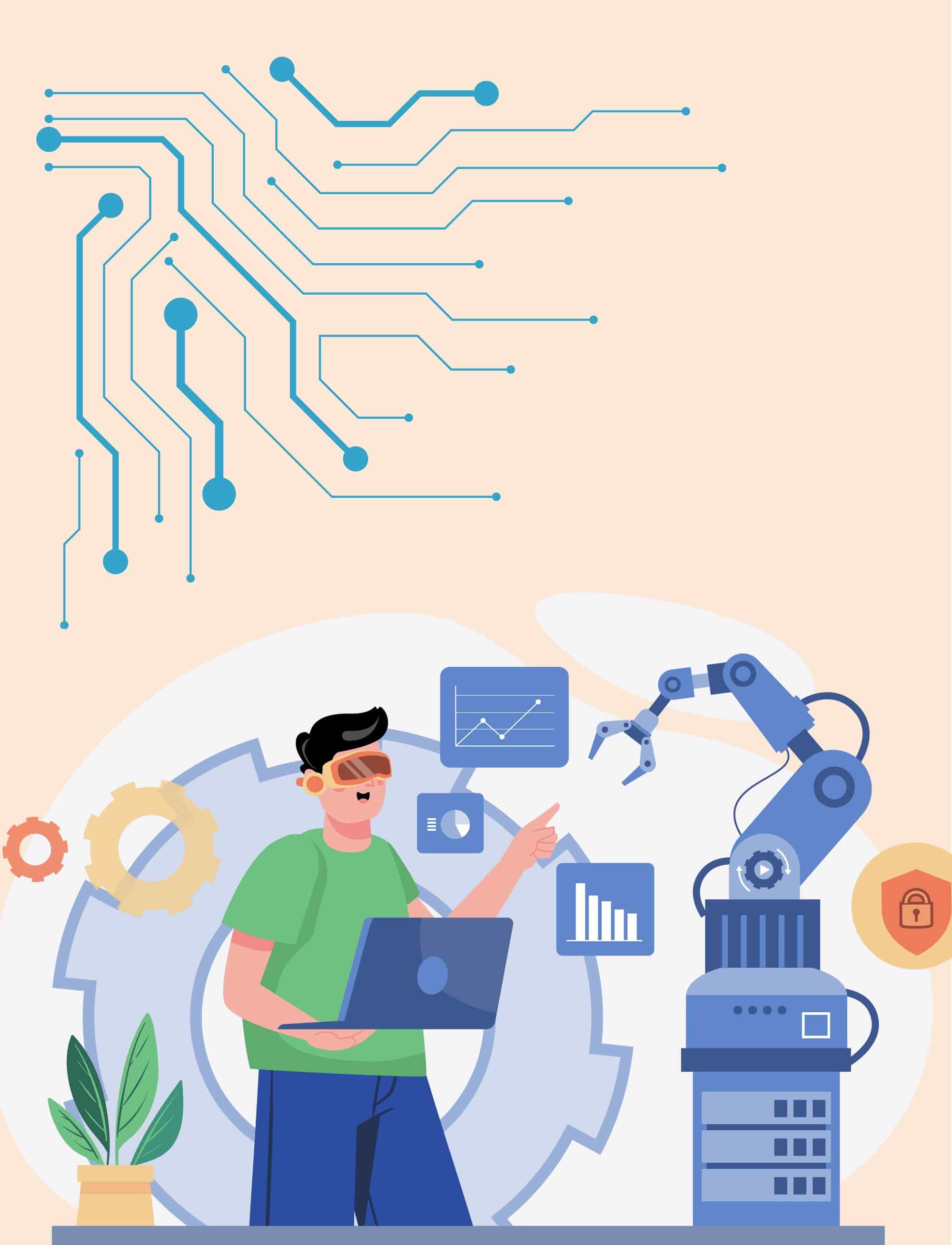 Person arbeitet am Laptop, neben ihr ein Roboterarm und digitale Diagramme