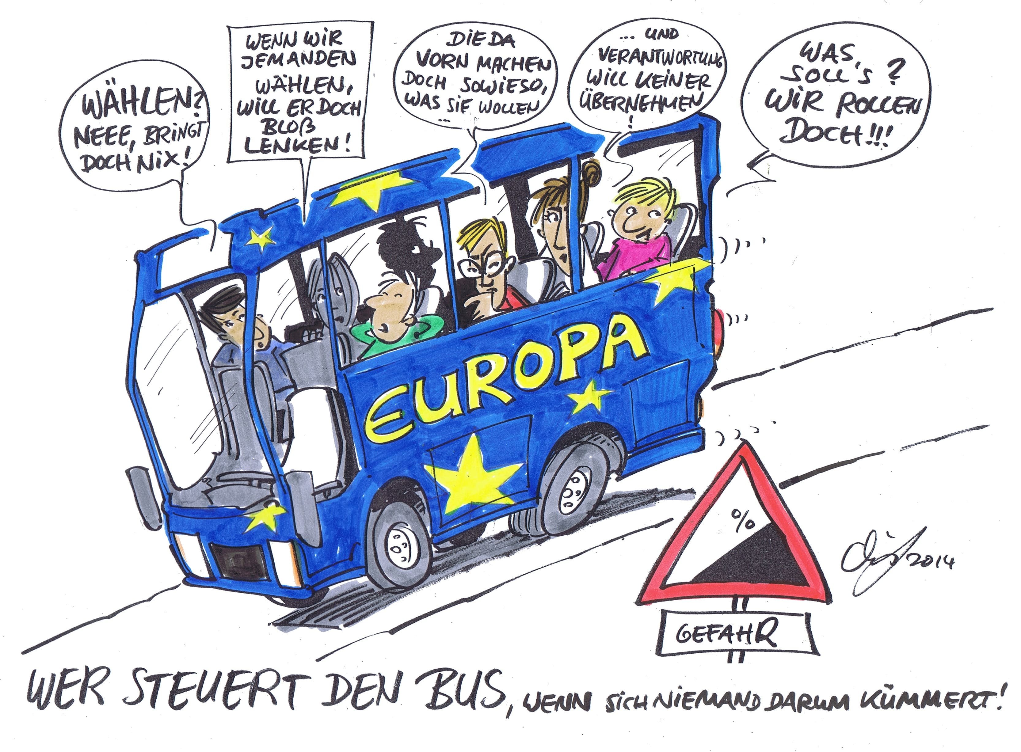Cartoon: Europawahl Schulklasse fährt in einem Bus ohne Fahrer