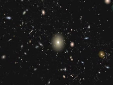 flight_to_M87.jpg M 87; Screenshot aus der Animation "Flight to the Virgo Cluster"; Universität Hawai