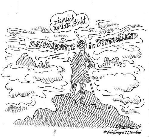 Cartoon der Woche: Unklare Sicht Mann schaut auf bewölkte Bergspitzen