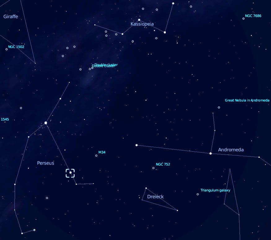 Aufsuchhilfe für Algol und die Sternhaufen h und Chi (Perseus)