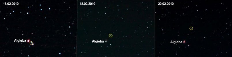 14_vesta.jpg Vesta in der Nähe des Sterns Algieba im Sternbild Löwe von 16. bis zum 20. Februar 2010