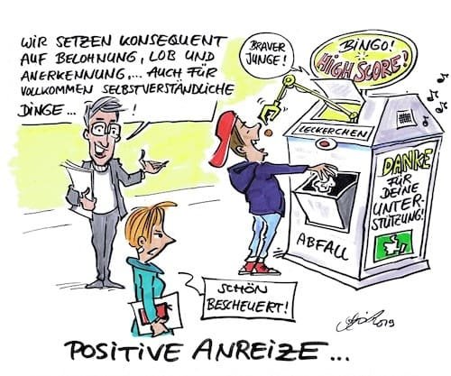 Cartoon der Woche: Positive Anreize Ein Fachmann demonstriert ein neues Belohnungssystem: "Belohnung, Lob und Anerkennung... auch für vollkommen selbstverständliche Dinge." Daneben ein Junge, der von einem Mülleimer-Automaten für den hineingeworfenen Abfall mündlich gelobt wird und Leckerchen erhält. Eine Vorbeilaufende sagt: "Schön bescheuert!"
