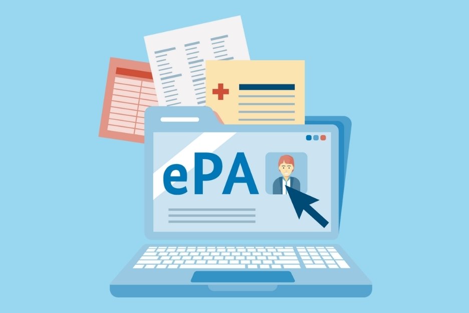 Aufgeklappter Laptop aus dem Zettel rauskommen und in der Mitte der Schriftzug "ePA"