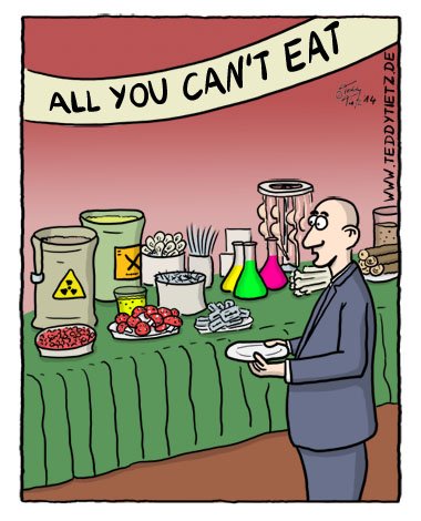 Buffet Cartoon Lehrer-Online Mann vorm all you can eat Buffet bei Chemikern