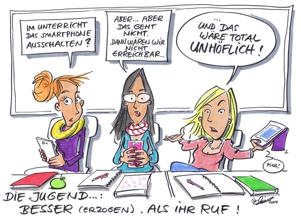 Cartoon: Smartphones im Unterricht Schülerinnen und Schüler sitzen am Smartphone in der Schule.