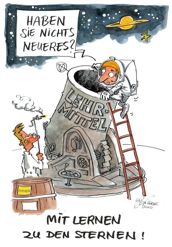 Cartoon: Mit Lernen zu den Sternen Mann möchte mit einem Raumschiff fliegen. Es ist nur eine alte Version verfügbar.