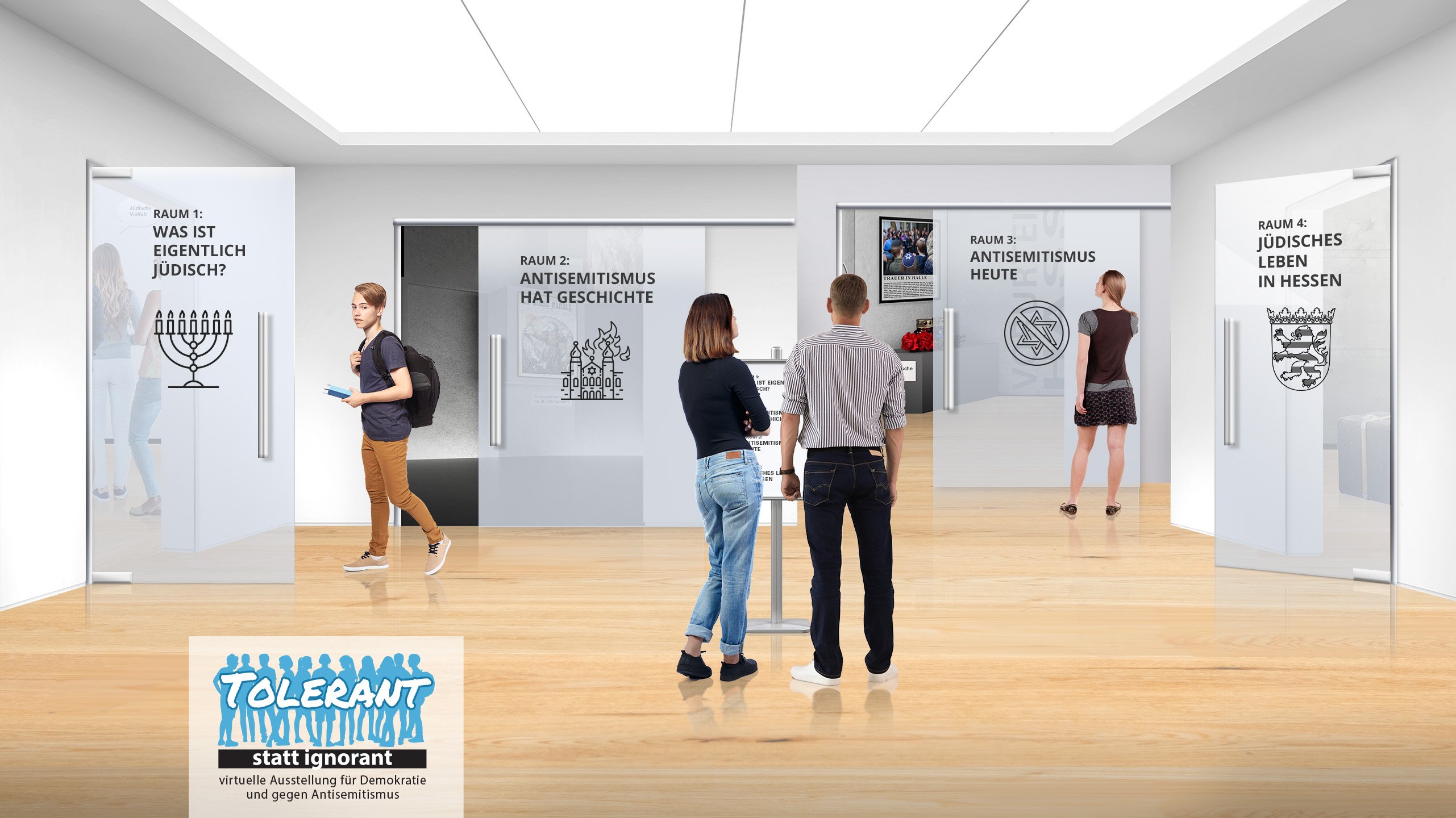 Tolerant statt ignorant - Eingangsbereich Tolerant statt ignorant - Eingangsbereich - Screen mit vier Türen zu den unterschiedlichen Themenschwerpunkten der Ausstellung