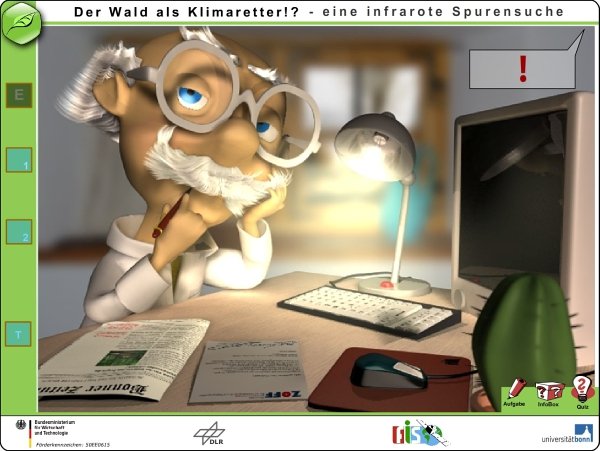 pop2.jpg Einführung: Professor mit Problem, Screenshot aus der Lernumgebung "Der Wald als Klimaretter!?"