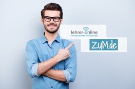 Kooperation Lehrer-Online und ZUM Mann zeigt auf Logos von Lehrer-Online und ZUM.de