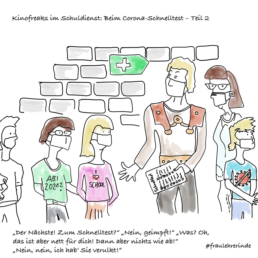 Cartoon-Zeichnung von Kindern mit Maske. Sie stehen vor zwei Erwachsenen, die auch eine Maske tragen. Einer der beiden reicht ihnen einen Zettel.