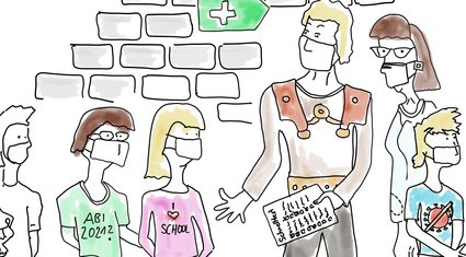 Cartoon-Zeichnung von Kindern mit Maske. Sie stehen vor zwei Erwachsenen, die auch eine Maske tragen. Einer der beiden reicht ihnen einen Zettel.