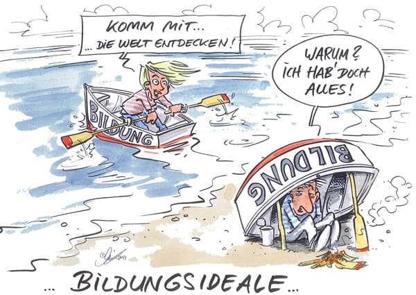 Cartoon: Bildungsideale Frau rudert mit dem Bildungsboot im offenen Meer. Mann versteckt sich unter Bildungsboot.