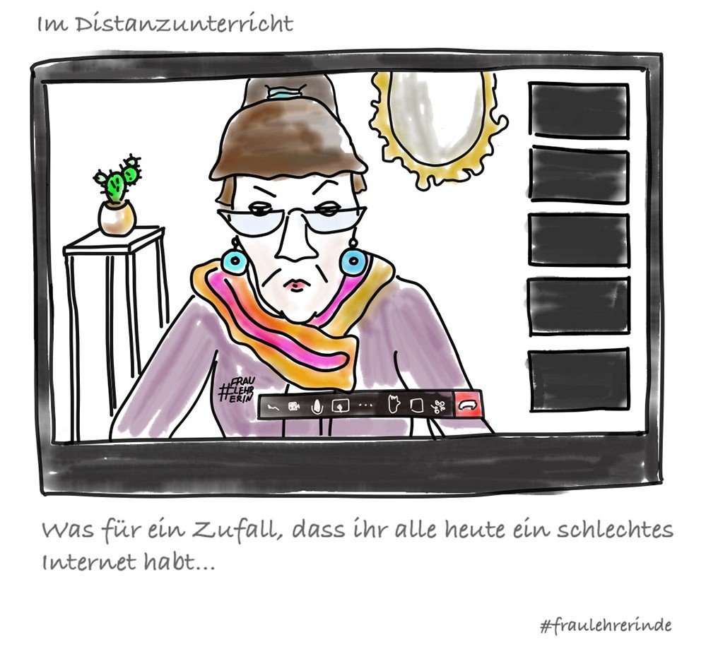 Schlechtes Internet im Distanz-Unterricht Lehrerin schaut bei einem Onlinemeeting in schwarze Bildschirme der Teilnehmer