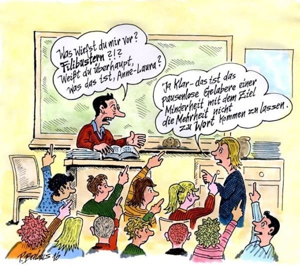 Cartoon der Woche: Filibustern Schulklasse im Klassenzimmer, Lehrer spricht mit Schülerin