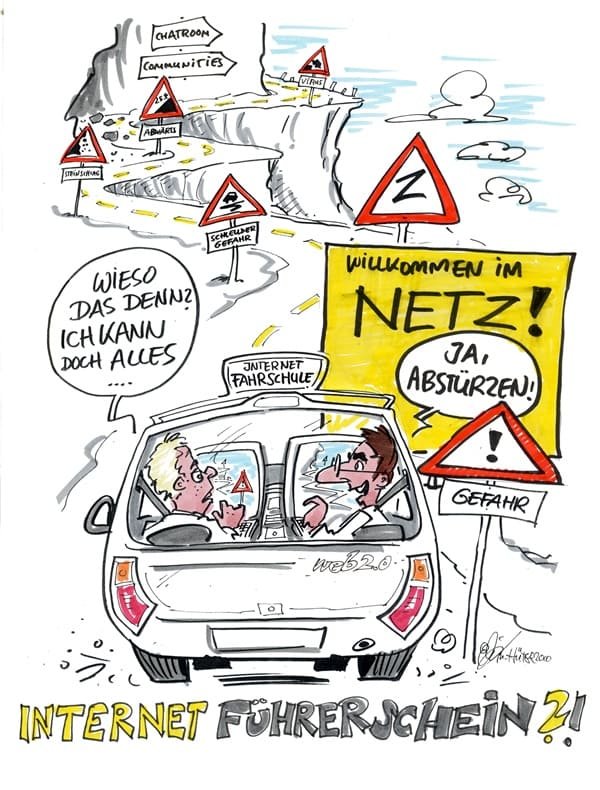 Cartoon: Internetführerschein Zwei Personen fahren in einem Auto der Internet-Fahrschule