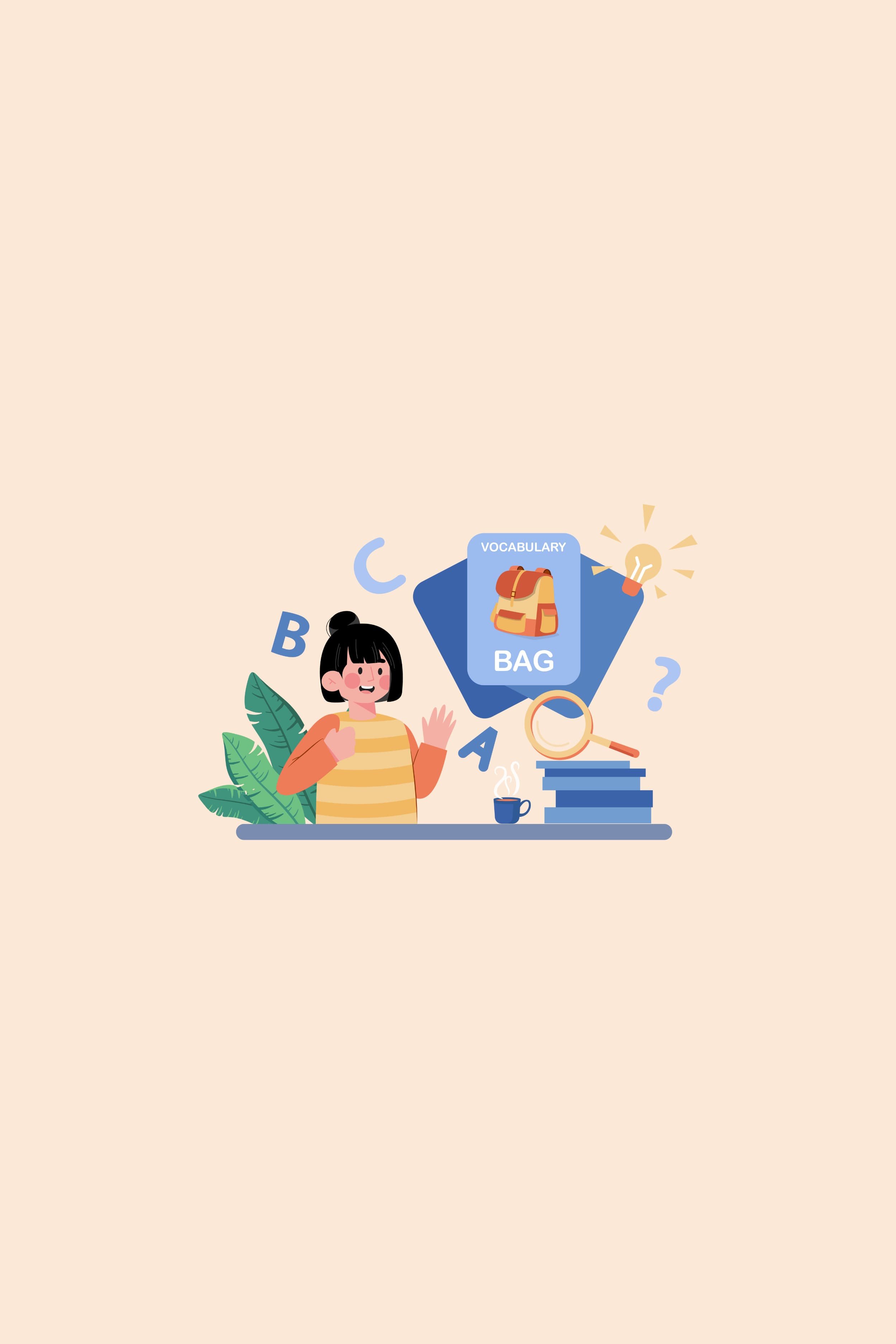 Illustration: Schülerin lernt Englisch-Vokabeln mit Büchern und Lernkarte