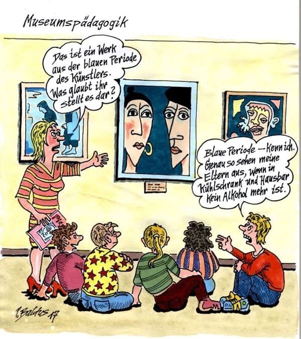 Cartoon der Woche: Museumspädagogik Eine Schulklasse sitzt mit ihrer Lehrerin in einem Museum.