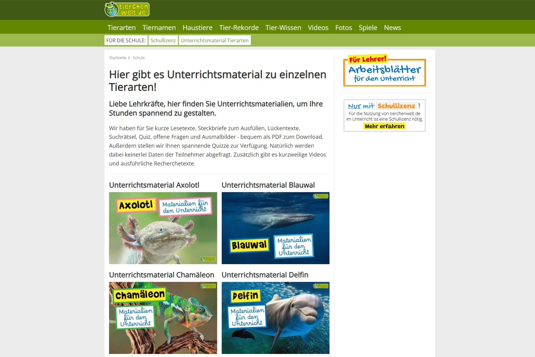 tierchenwelt.de: Das Tierlexikon für Kinder Tierchenwelt: Unterrichtsmaterial