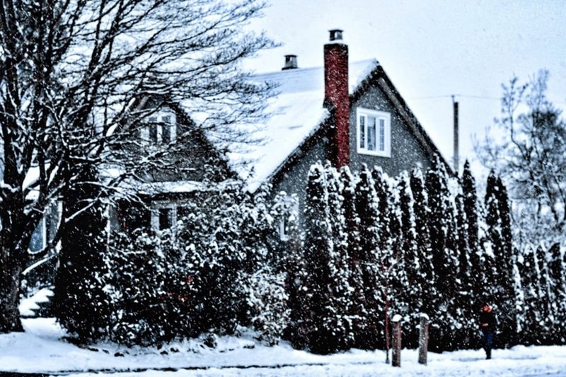 Ein mit Schnee bedecktes Haus in einer ländlichen Umgebung.