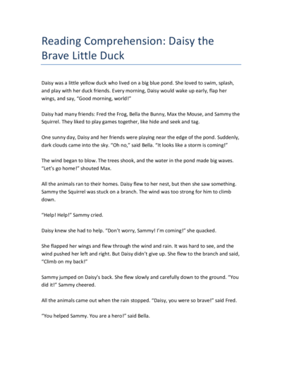 Reading Comprehension in Grade 1 – Daisy the Brave Little Duck