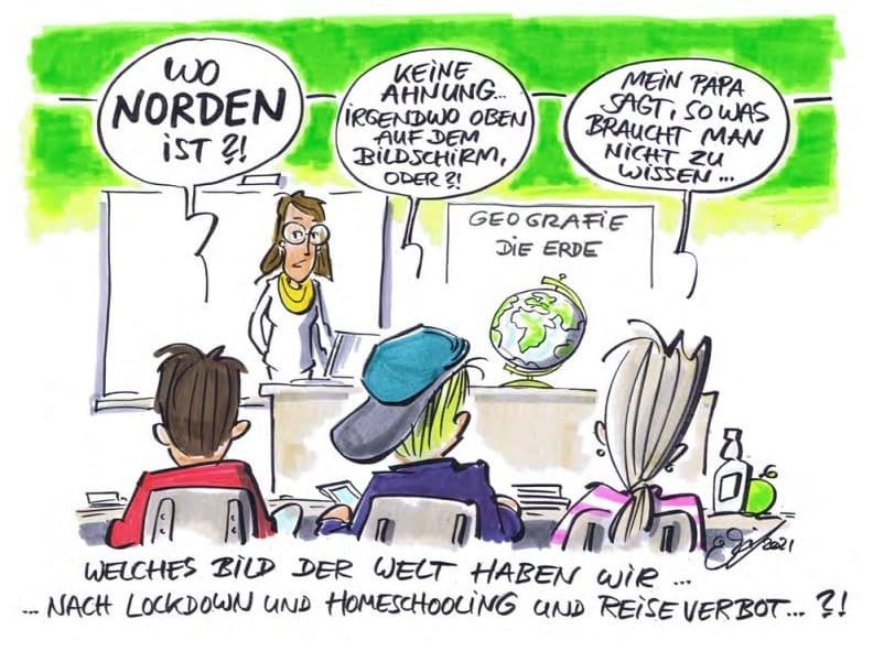 Cartoon der Woche: Geografieschwäche Geografieunterricht. Ein Globus steht neben der Lehrerin vorne auf dem Pult, drei Lernende sitzen nebeneinander mit den Rücken zu uns. „Wo Norden ist?!“, fragt der erste Schüler. „Keine Ahnung“, meint der Schüler rechts von ihm, der ein Smartphone in der Hand hat, „irgendwo oben auf dem Bildschirm oder?!“ „Mein Papa sagt, sowas braucht man nicht zu wissen…“, sagt die Schülerin daneben.