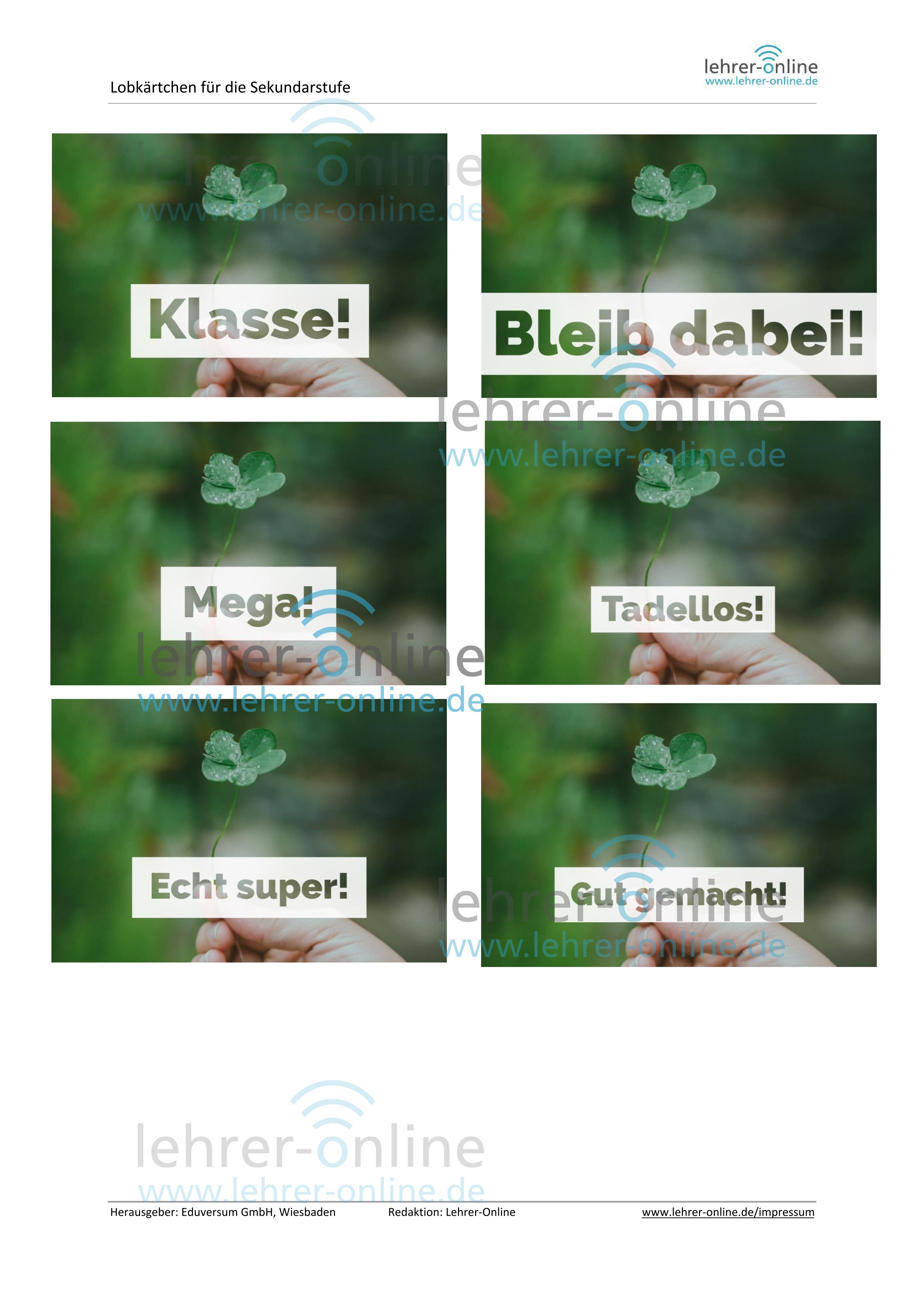 verschiedene Lobkärtchen mit einem Kleeblatt 