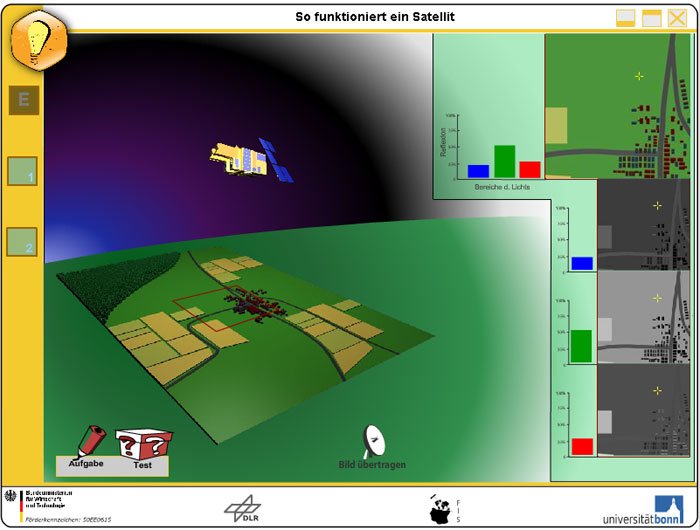Screenshot: Satellit Screenshot: Satellit fliegt über eine virtuelle Landschaft
