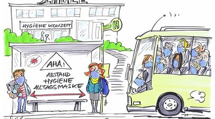 Theorie und Praxis: Vor einer Haltestelle vor dem Schulgebäude stehen ein Schüler und eine Schülerin, sie tragen Mund-Nasen-Bedeckung. Hinter ihnen im Unterstand ist der Merkspruch „AHA!: Abstand, Hygiene, Alltagsmaske“ zu lesen. Von rechts fährt ein Bus ins Bild hinein. Er ist überfüllt. Die Menschen im Bus sowie der Fahrer tragen alle Mund-Nasen-Bedeckung.