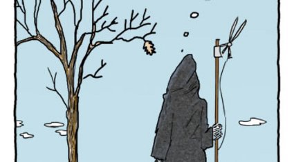 Sensemann steht vor dem letzten Blatt an einem Baum 