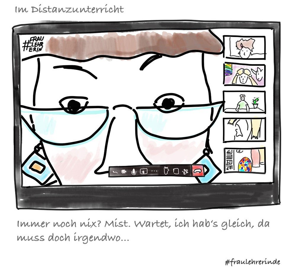 Frau Lehrerin "Wo war doch gleich" Zeichnung eines Bildschirms mit einer Großaufnahme eines Gesichts